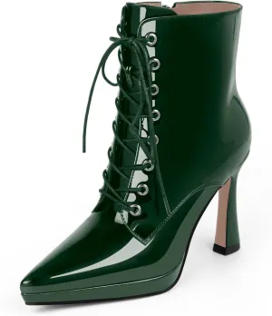 Women's Ankle Boots Platform Stilettos High Heel Pointed Toe Lace Up Dress Booties