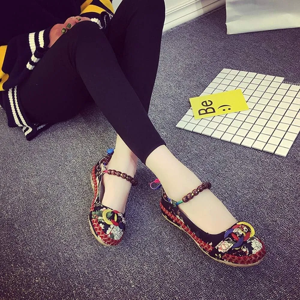 Women's Beading Round Toe Embroidered Shoes Lace Up Colorful Casual Flats Shoes
