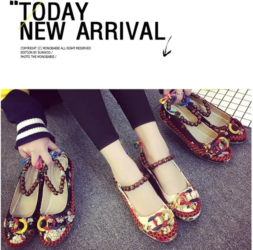 Women's Beading Round Toe Embroidered Shoes Lace Up Colorful Casual Flats Shoes