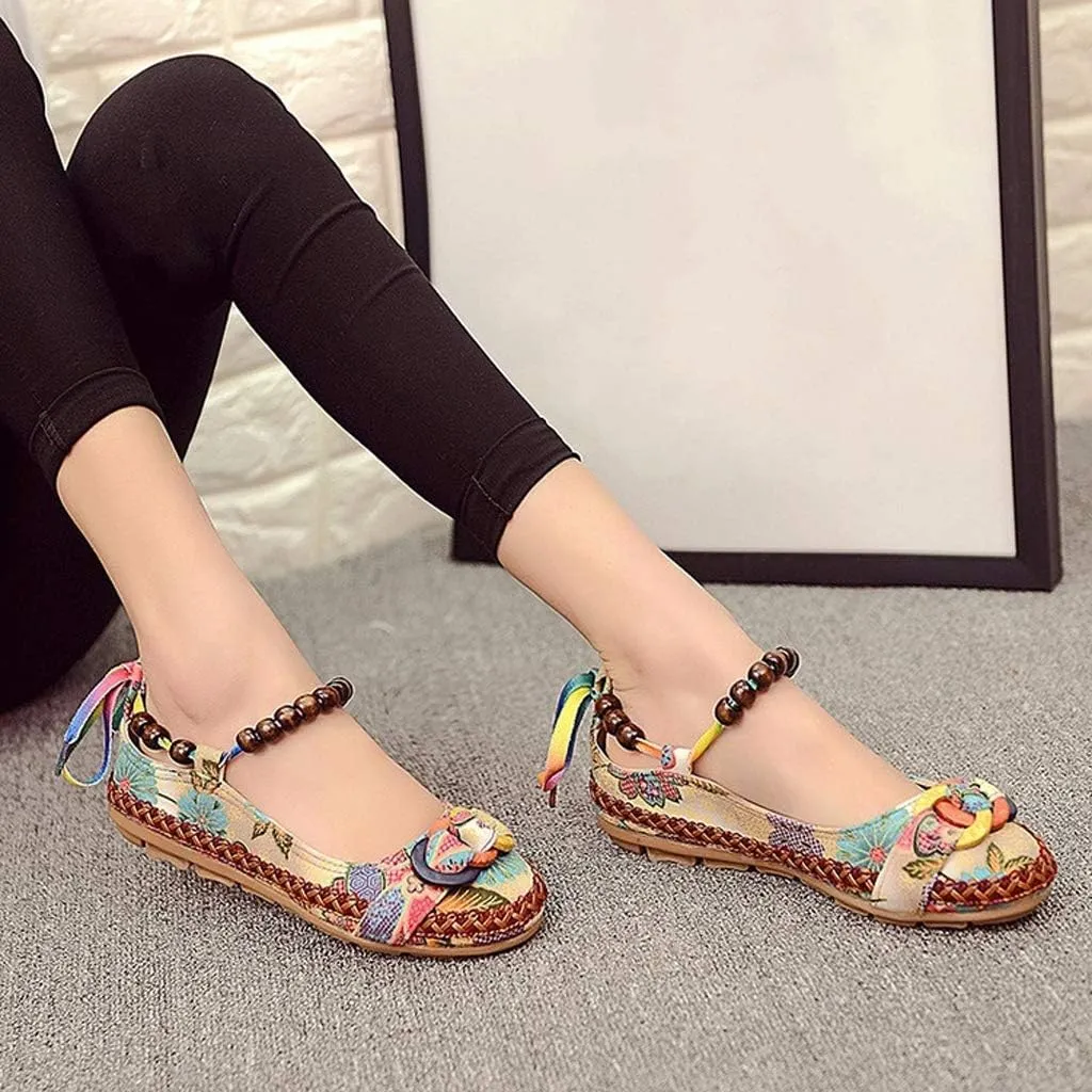 Women's Beading Round Toe Embroidered Shoes Lace Up Colorful Casual Flats Shoes