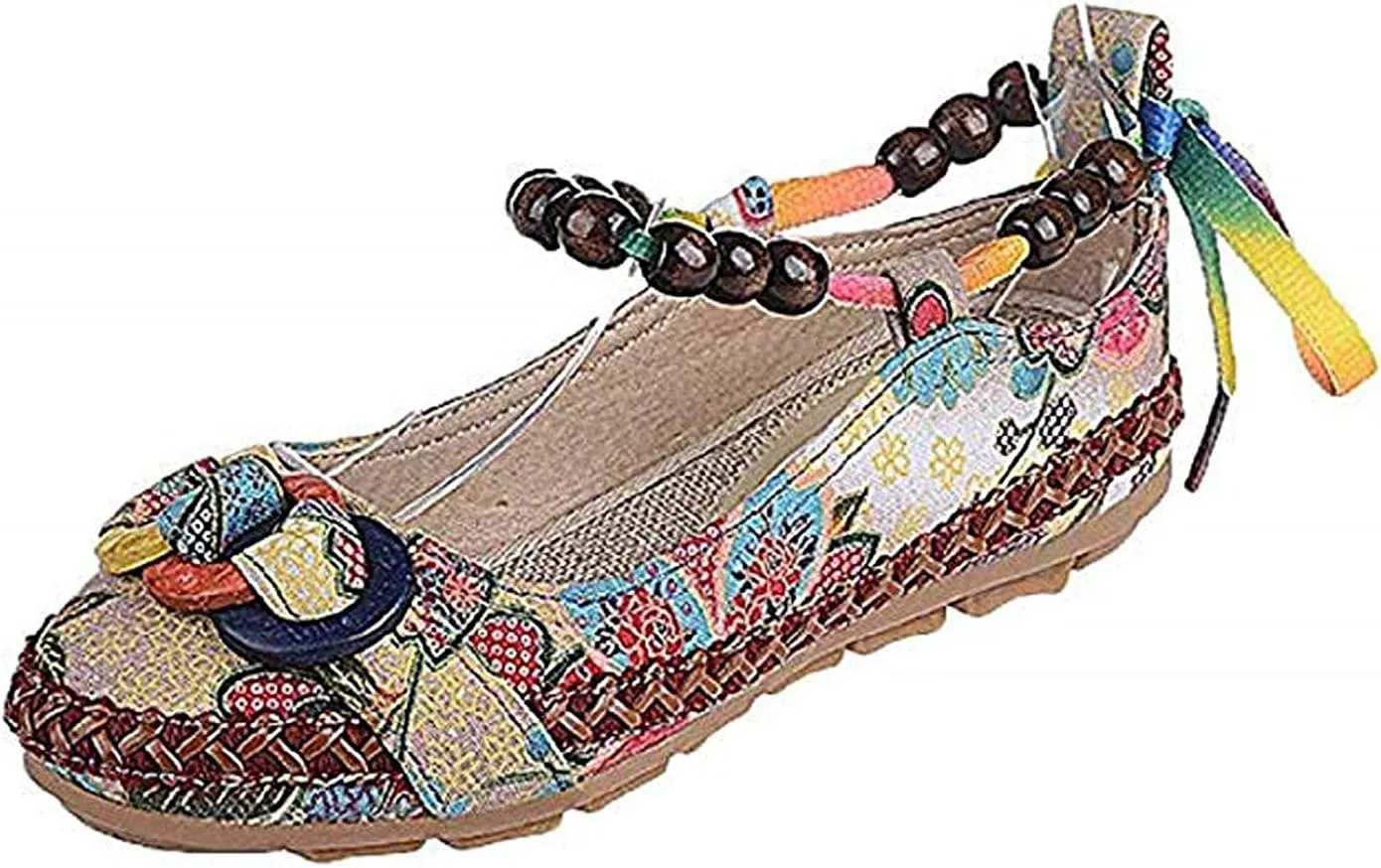 Women's Beading Round Toe Embroidered Shoes Lace Up Colorful Casual Flats Shoes