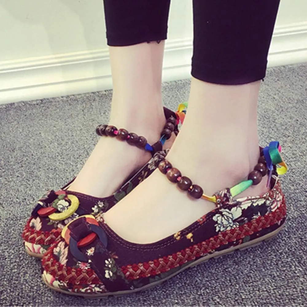 Women's Beading Round Toe Embroidered Shoes Lace Up Colorful Casual Flats Shoes