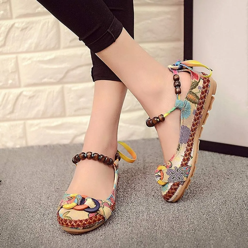 Women's Beading Round Toe Embroidered Shoes Lace Up Colorful Casual Flats Shoes
