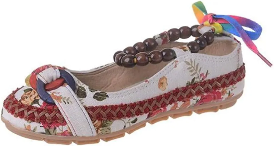 Women's Beading Round Toe Embroidered Shoes Lace Up Colorful Casual Flats Shoes