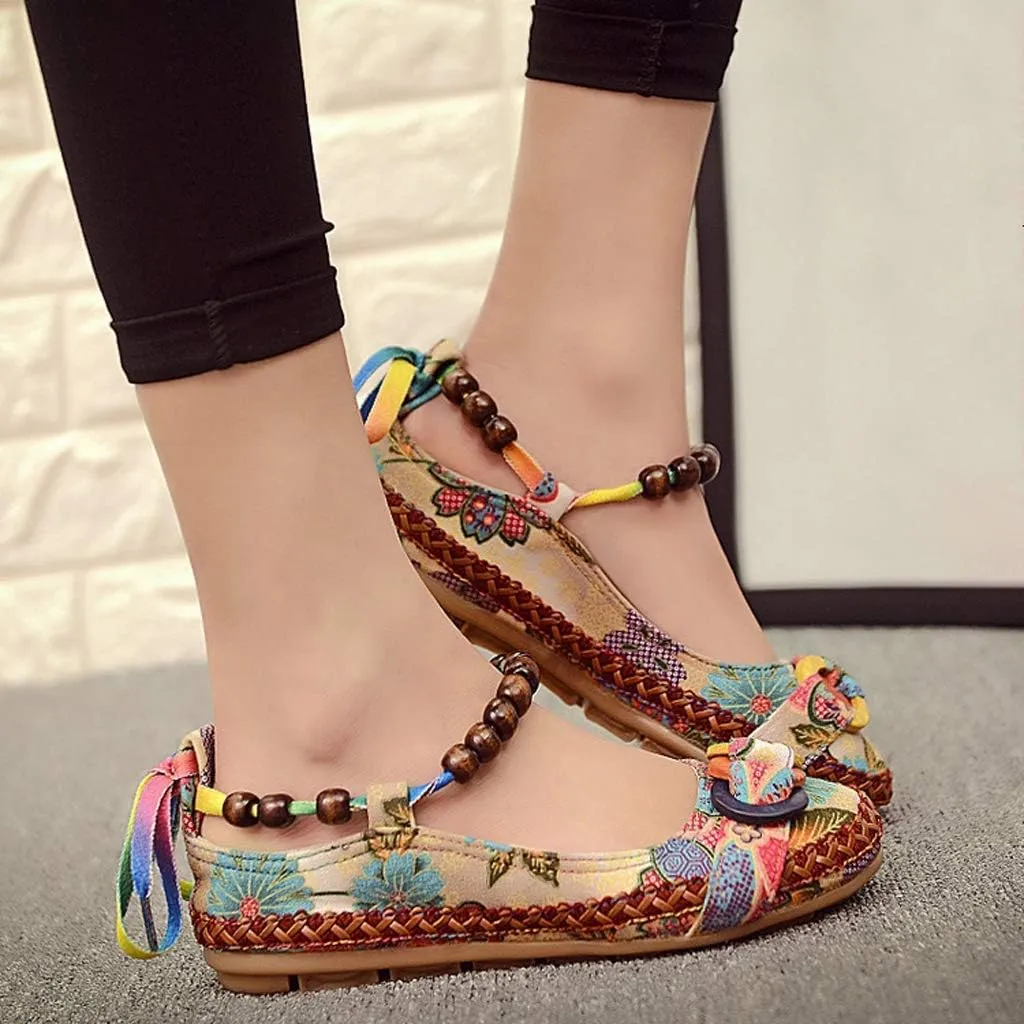 Women's Beading Round Toe Embroidered Shoes Lace Up Colorful Casual Flats Shoes