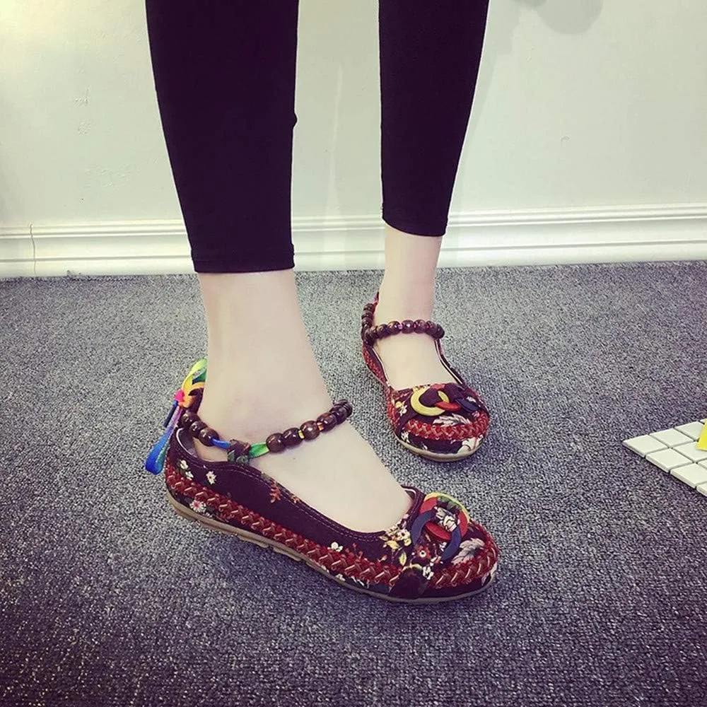 Women's Beading Round Toe Embroidered Shoes Lace Up Colorful Casual Flats Shoes