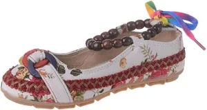 Women's Beading Round Toe Embroidered Shoes Lace Up Colorful Casual Flats Shoes