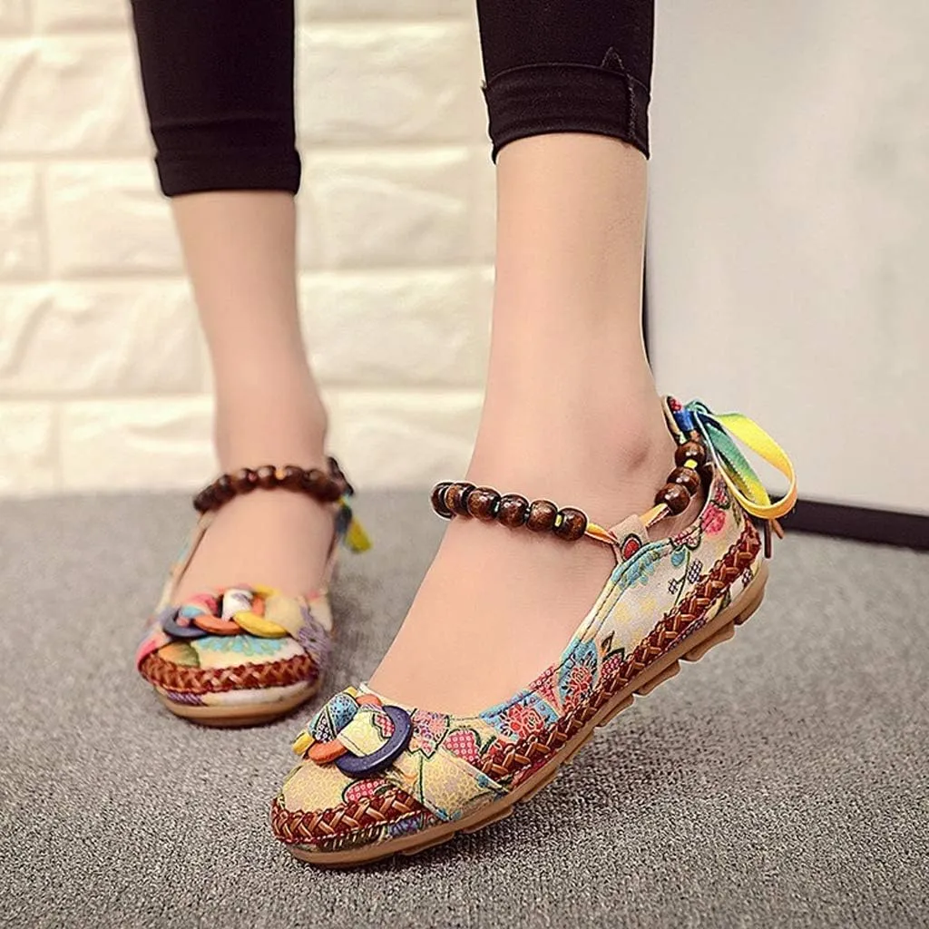 Women's Beading Round Toe Embroidered Shoes Lace Up Colorful Casual Flats Shoes