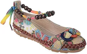 Women's Beading Round Toe Embroidered Shoes Lace Up Colorful Casual Flats Shoes