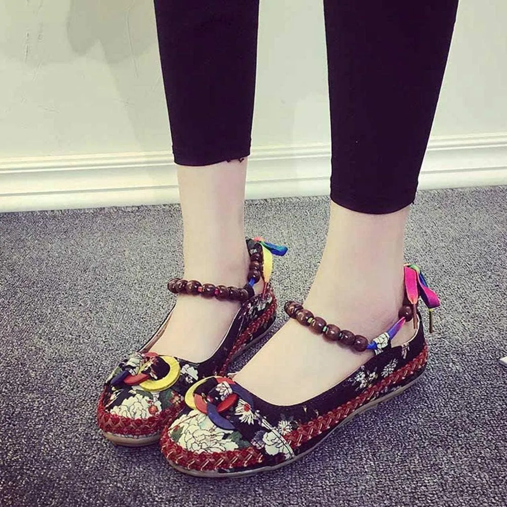 Women's Beading Round Toe Floral Embroidered Shoes Women Lace Up Colorful Casual Ballet Flats Shoes