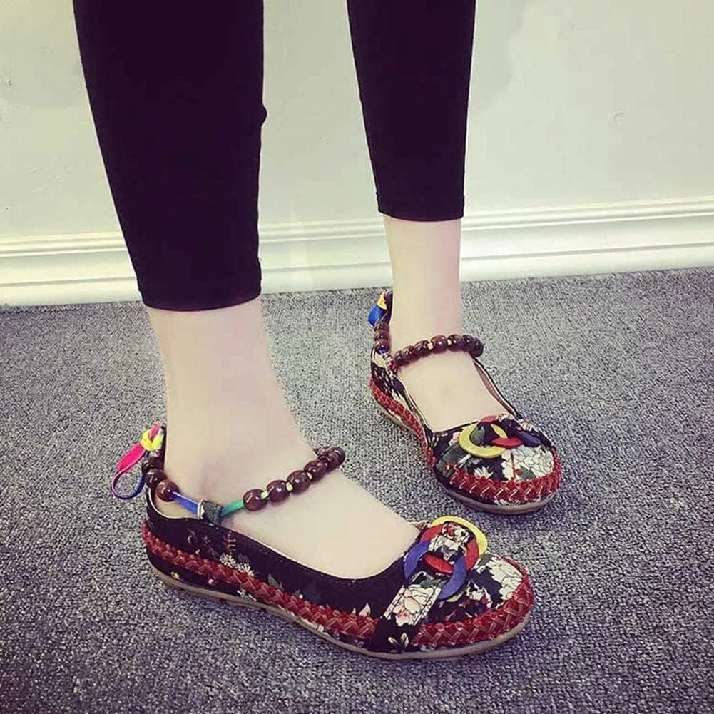 Women's Beading Round Toe Floral Embroidered Shoes Women Lace Up Colorful Casual Ballet Flats Shoes