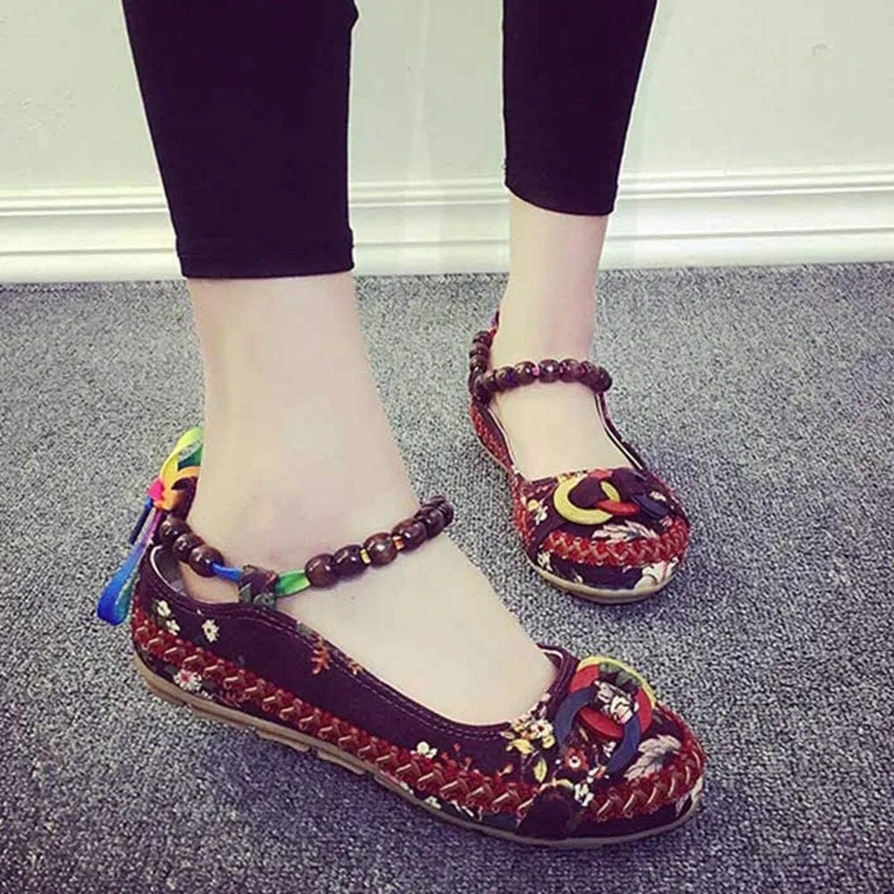 Women's Beading Round Toe Floral Embroidered Shoes Women Lace Up Colorful Casual Ballet Flats Shoes
