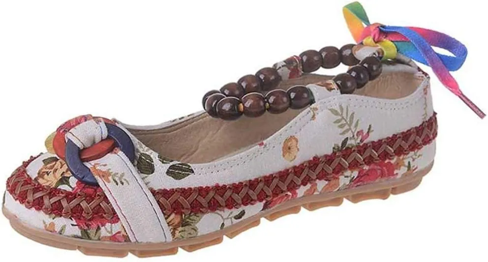 Women's Beading Round Toe Floral Embroidered Shoes Women Lace Up Colorful Casual Ballet Flats Shoes
