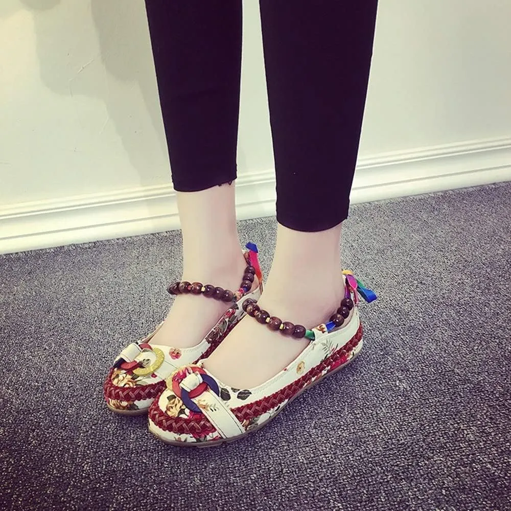 Women's Beading Round Toe Floral Embroidered Shoes Women Lace Up Colorful Casual Ballet Flats Shoes