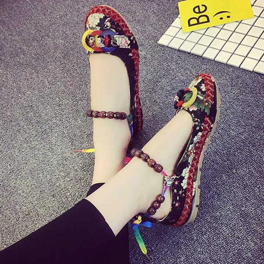 Women's Beading Round Toe Floral Embroidered Shoes Women Lace Up Colorful Casual Ballet Flats Shoes