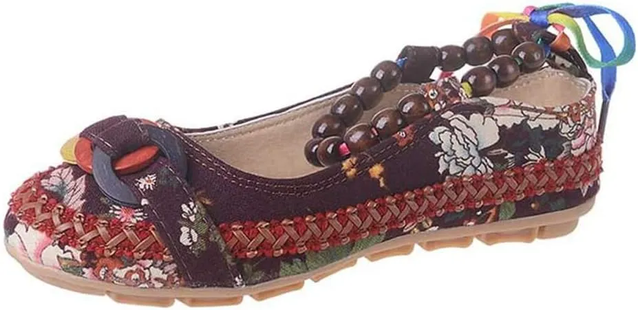 Women's Beading Round Toe Floral Embroidered Shoes Women Lace Up Colorful Casual Ballet Flats Shoes