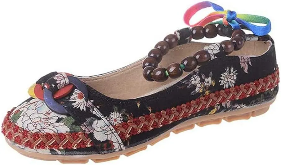 Women's Beading Round Toe Floral Embroidered Shoes Women Lace Up Colorful Casual Ballet Flats Shoes