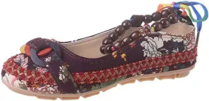 Women's Beading Round Toe Floral Embroidered Shoes Women Lace Up Colorful Casual Ballet Flats Shoes