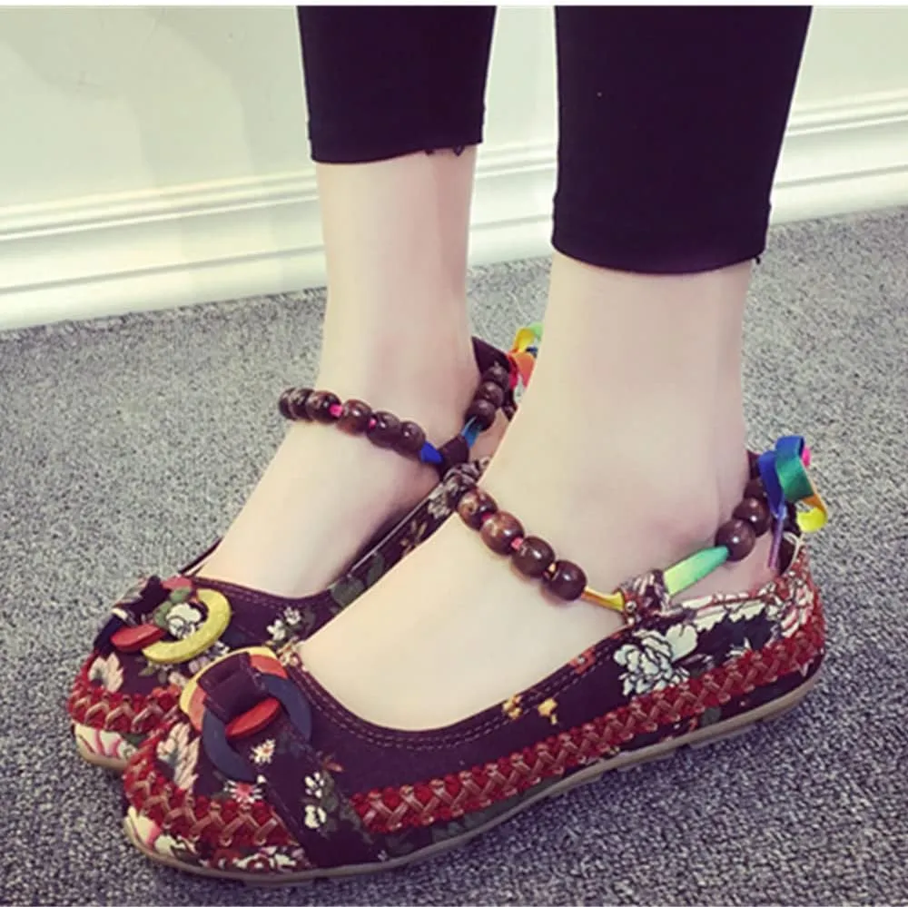 Women's Beading Round Toe Floral Embroidered Shoes Women Lace Up Colorful Casual Ballet Flats Shoes