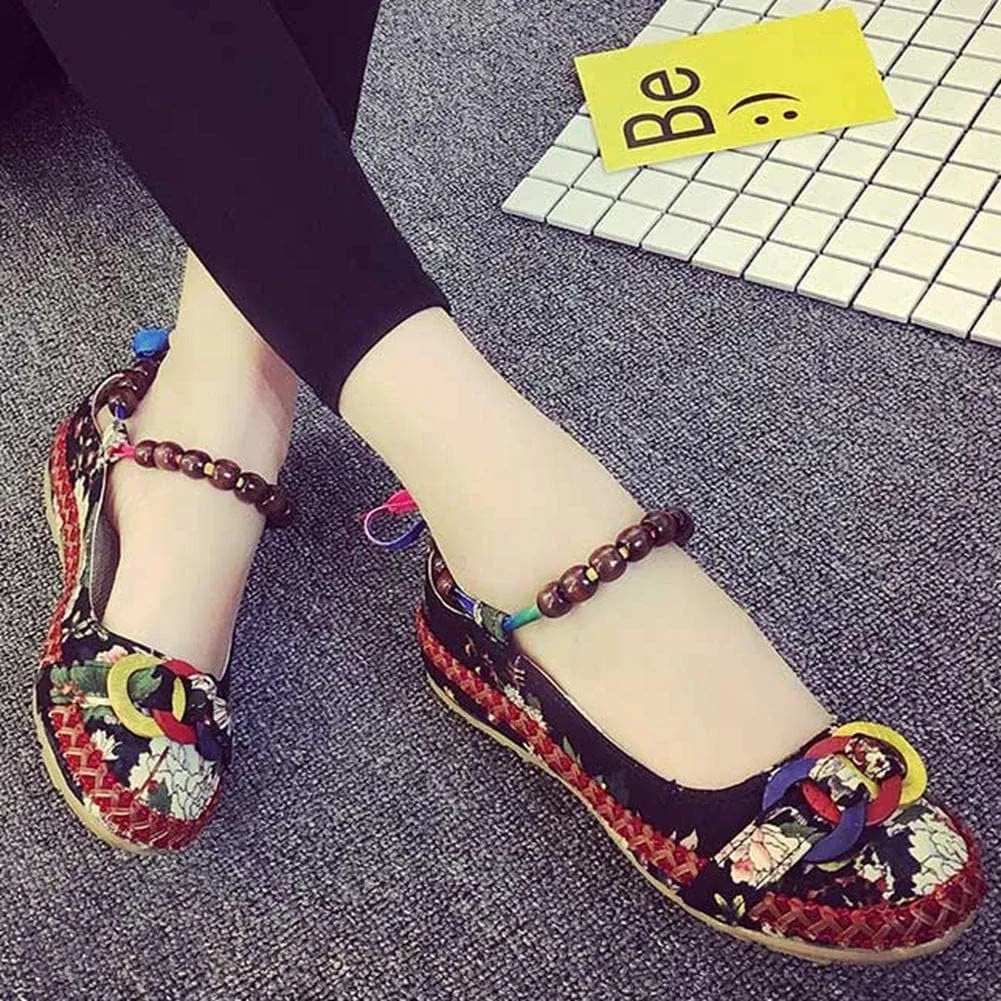 Women's Beading Round Toe Floral Embroidered Shoes Women Lace Up Colorful Casual Ballet Flats Shoes