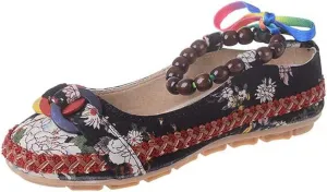 Women's Beading Round Toe Floral Embroidered Shoes Women Lace Up Colorful Casual Ballet Flats Shoes