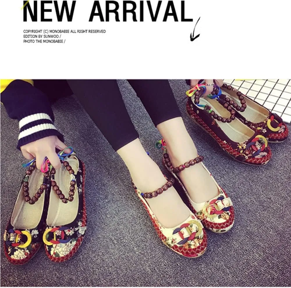 Women's Beading Round Toe Floral Embroidered Shoes Women Lace Up Colorful Casual Ballet Flats Shoes