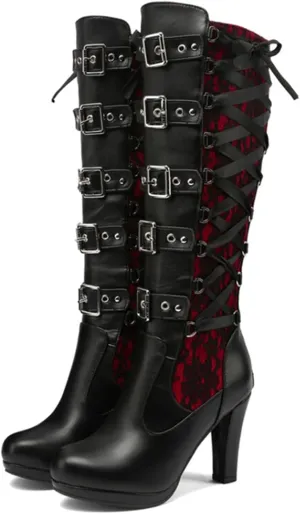 Women's Black Lace High Boots, Square Toe, Thick Sole, Lace Up, Multi-Belt Buckle, Gothic, Casual, Platform Heel with Block Heel, Size 9.5 (43 EU)