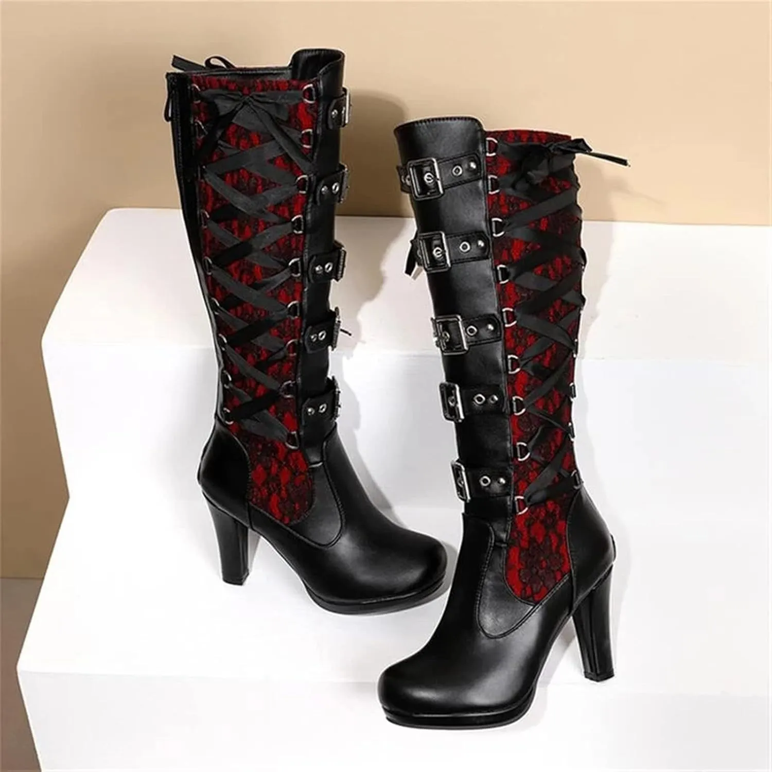 Women's Black Lace High Boots, Square Toe, Thick Sole, Lace Up, Multi-Belt Buckle, Gothic, Casual, Platform Heel with Block Heel, Size 9.5 (43 EU)