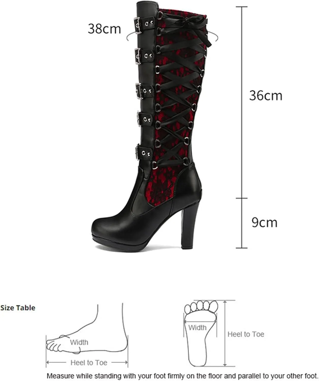 Women's Black Lace High Boots, Square Toe, Thick Sole, Lace Up, Multi-Belt Buckle, Gothic, Casual, Platform Heel with Block Heel, Size 9.5 (43 EU)