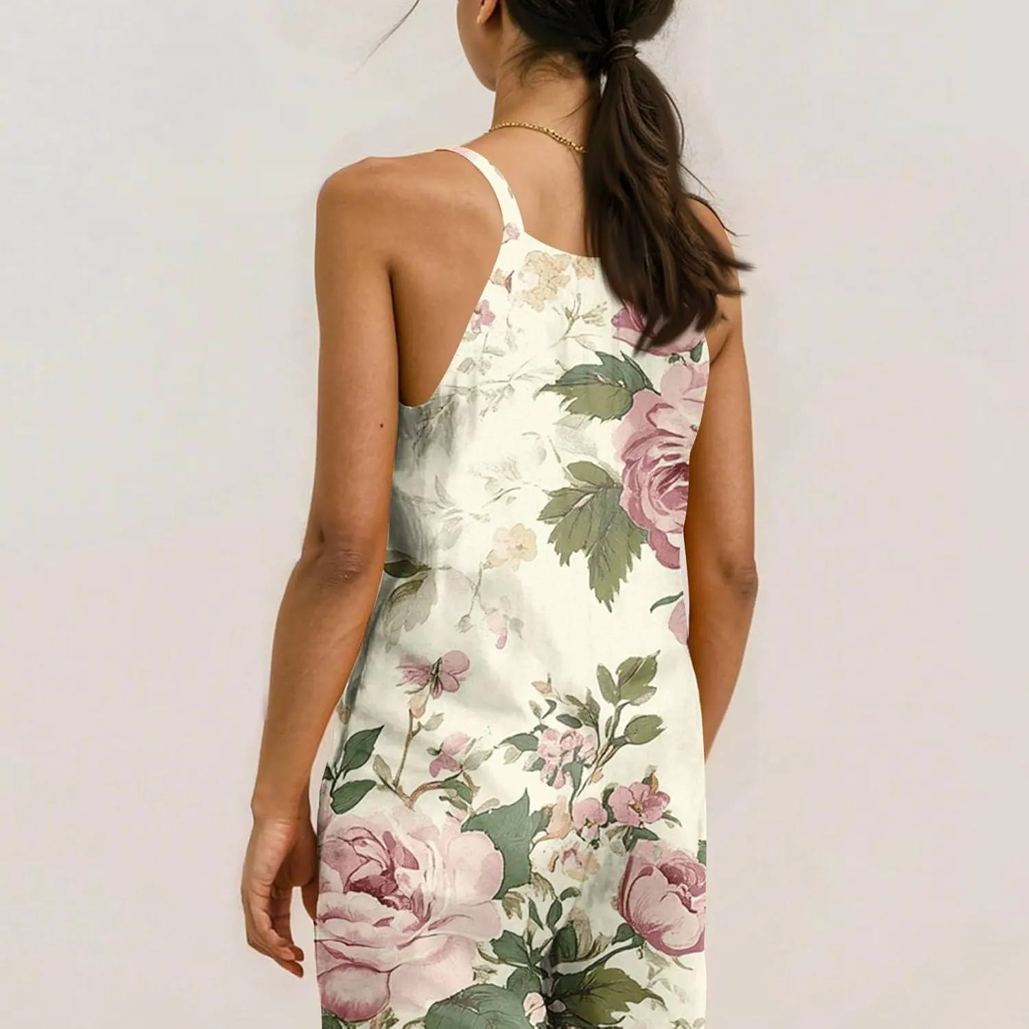 Womens Boho Floral Jumpsuits Cotton Linen Sleeveless Spaghetti Strap Overalls Baggy Retro Wide Leg Romper