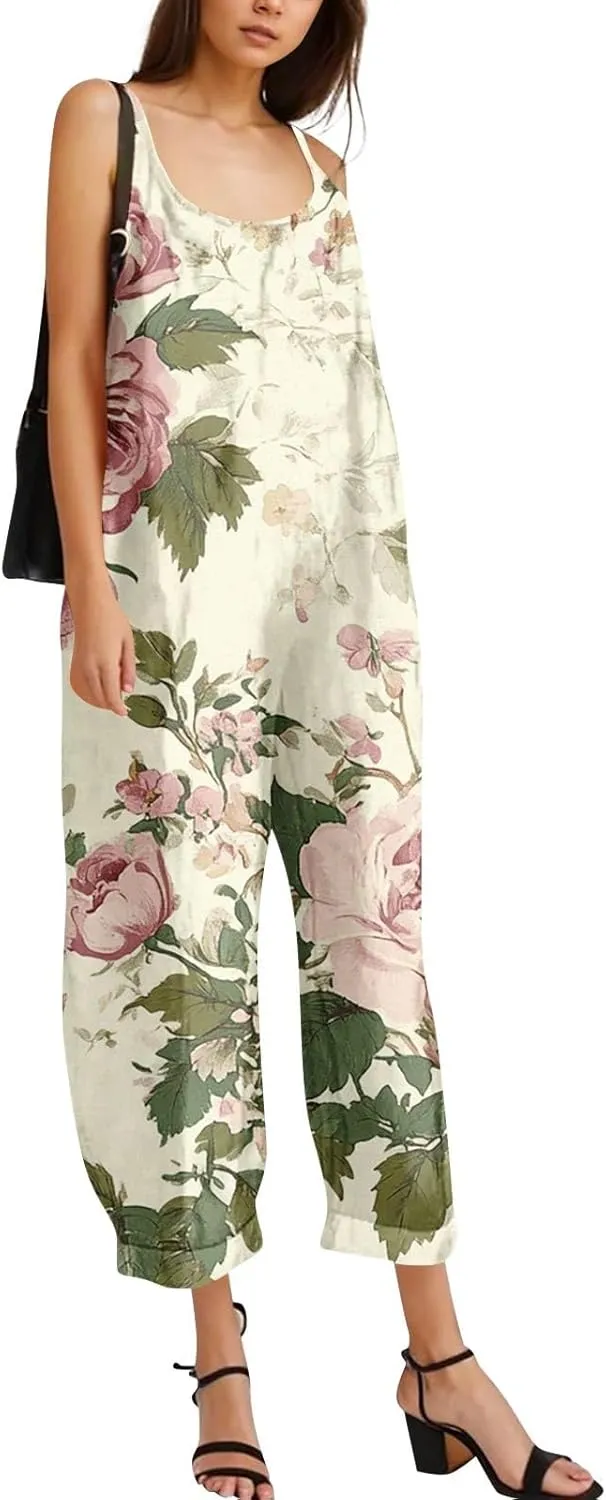 Womens Boho Floral Jumpsuits Cotton Linen Sleeveless Spaghetti Strap Overalls Baggy Retro Wide Leg Romper