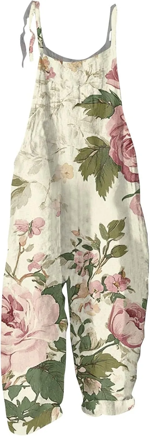 Womens Boho Floral Jumpsuits Cotton Linen Sleeveless Spaghetti Strap Overalls Baggy Retro Wide Leg Romper