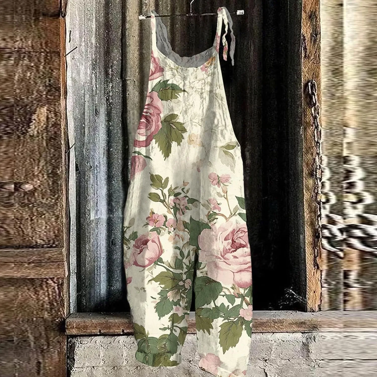 Womens Boho Floral Jumpsuits Cotton Linen Sleeveless Spaghetti Strap Overalls Baggy Retro Wide Leg Romper