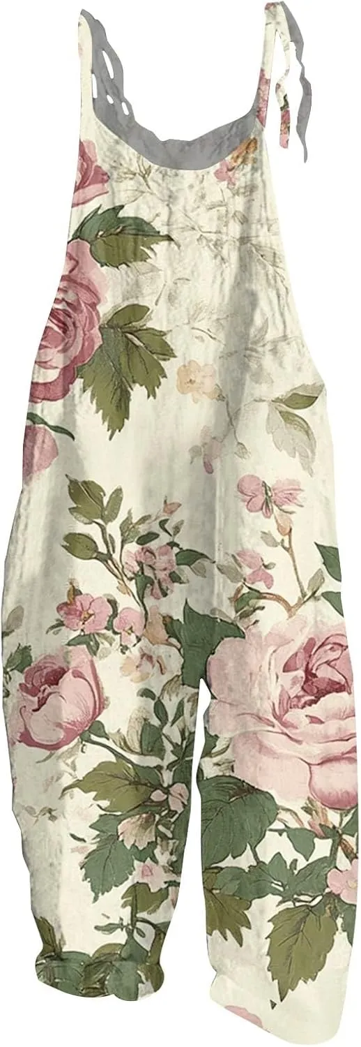 Womens Boho Floral Jumpsuits Cotton Linen Sleeveless Spaghetti Strap Overalls Baggy Retro Wide Leg Romper