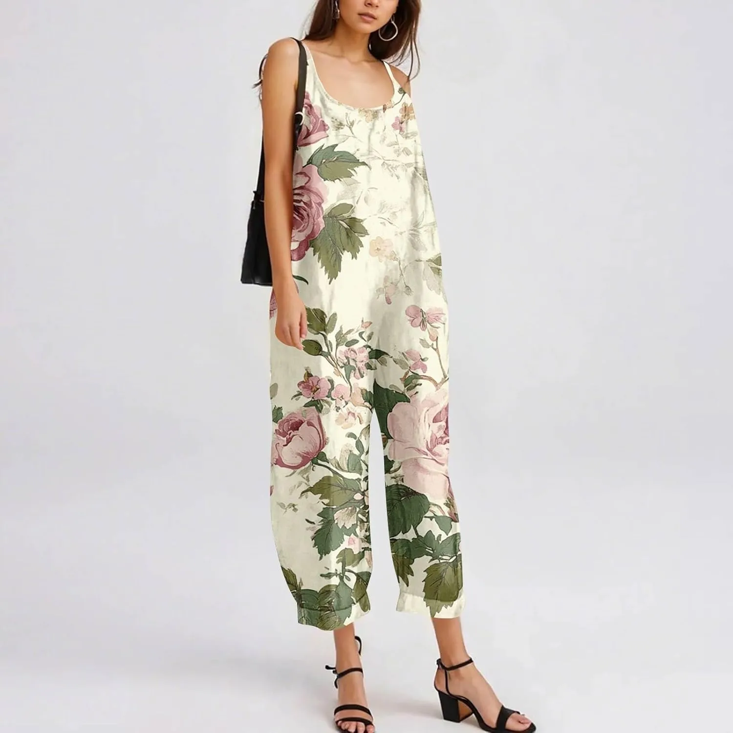 Womens Boho Floral Jumpsuits Cotton Linen Sleeveless Spaghetti Strap Overalls Baggy Retro Wide Leg Romper