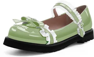 Women's Bow Mary Janes Flats Kawaii Lace Ankle Strap Platform Shoes
