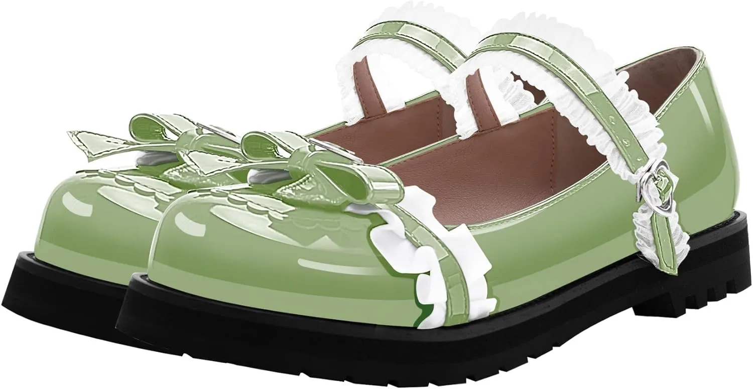 Women's Bow Mary Janes Flats Kawaii Lace Ankle Strap Platform Shoes