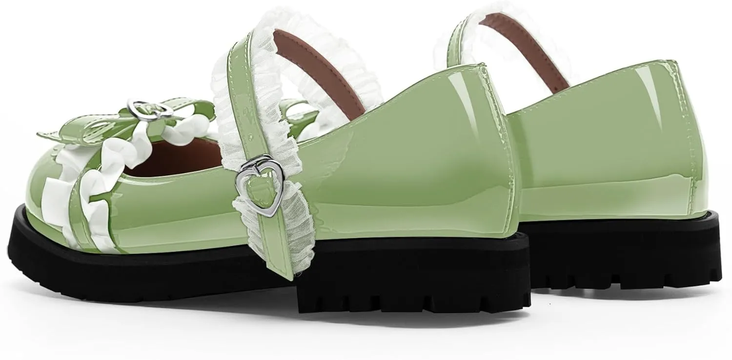 Women's Bow Mary Janes Flats Kawaii Lace Ankle Strap Platform Shoes