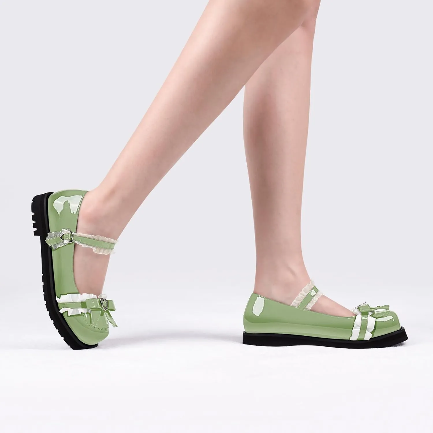 Women's Bow Mary Janes Flats Kawaii Lace Ankle Strap Platform Shoes