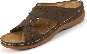 Women's Breathable Wedge Sandals Dressy & Casual - Soft Leather Slip-On Summer Shoes with Orthopedic Support, Non-Slip Rubber Sole Platform for All-Day Comfort Walking