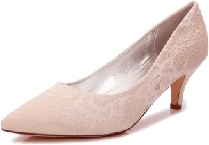 Women's Bridal Shoes Closed Toe 2.36" Kitten Heel Lace Satin Pumps Evening Prom Wedding Dress Shoes