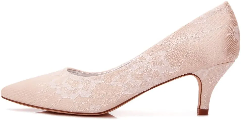 Women's Bridal Shoes Closed Toe 2.36" Kitten Heel Lace Satin Pumps Evening Prom Wedding Dress Shoes