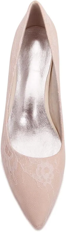 Women's Bridal Shoes Closed Toe 2.36" Kitten Heel Lace Satin Pumps Evening Prom Wedding Dress Shoes