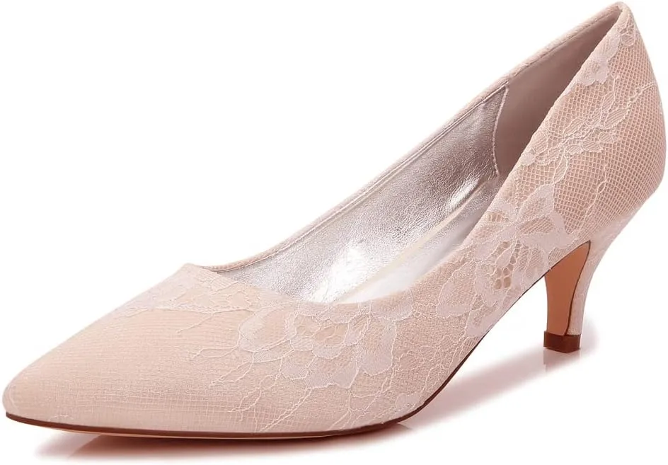 Women's Bridal Shoes Closed Toe 2.36" Kitten Heel Lace Satin Pumps Evening Prom Wedding Dress Shoes