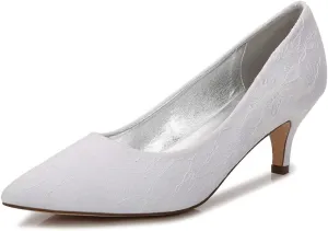 Women's Bridal Shoes Closed Toe 2.36" Kitten Heel Lace Satin Pumps Evening Prom Wedding Dress Shoes