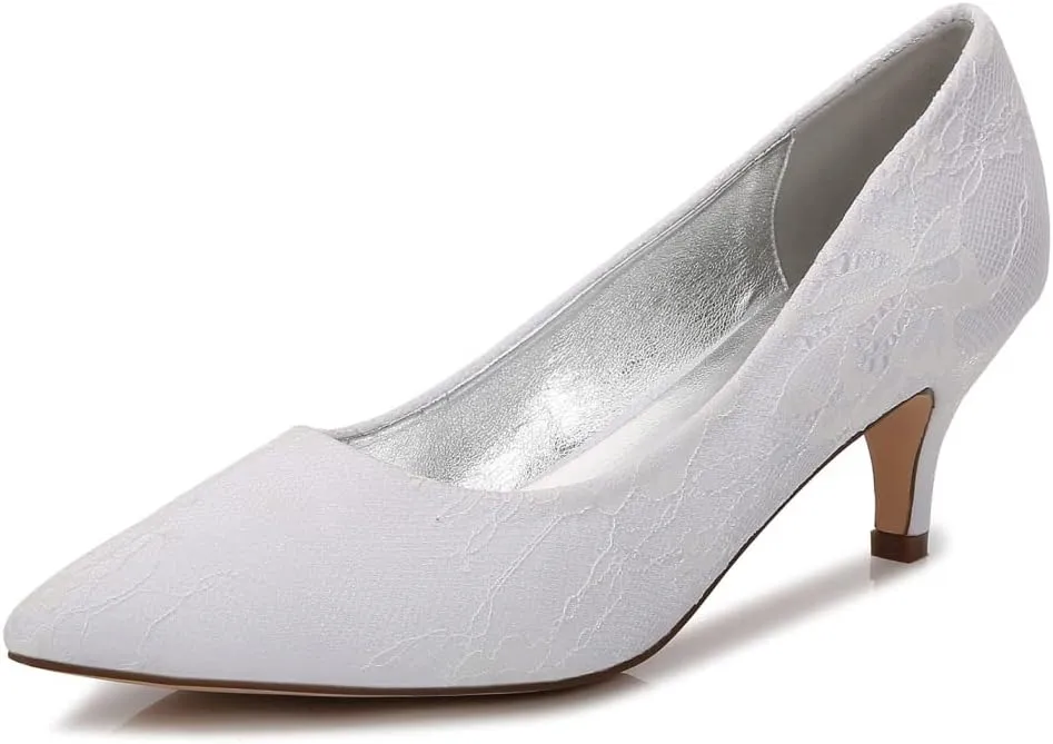 Women's Bridal Shoes Closed Toe 2.36" Kitten Heel Lace Satin Pumps Evening Prom Wedding Dress Shoes