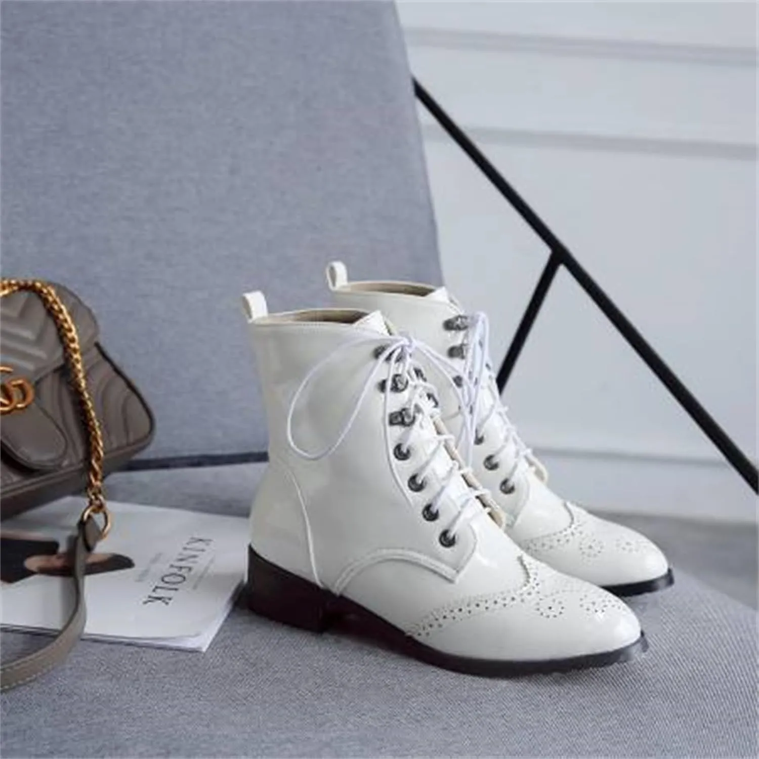 Women's Brogue Combat Ankle High Booties Platform Mid Block Heeled Pointed Toe Formal Lace Up Elegant Business Dress Bridal Church Boots Warm Winter Fall Comfy Shoes