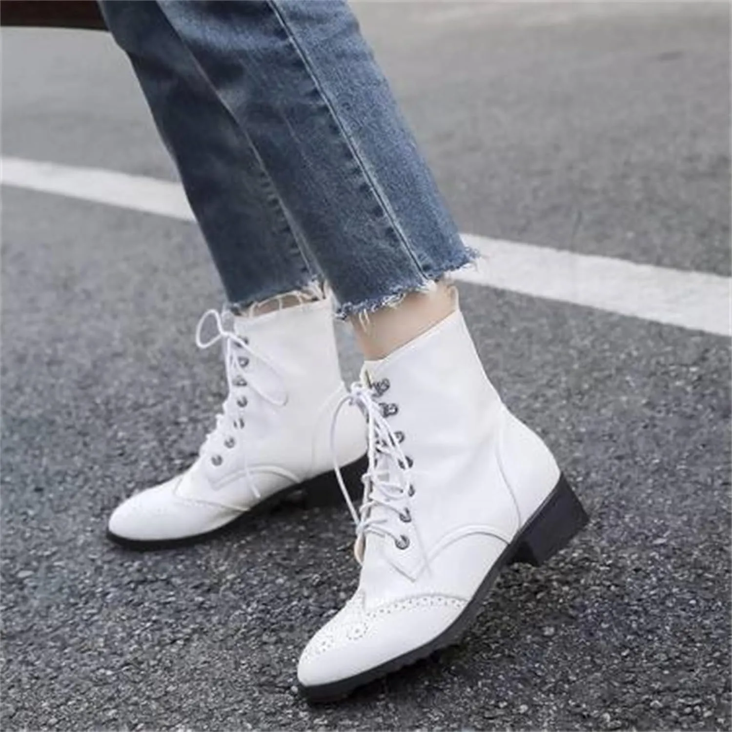 Women's Brogue Combat Ankle High Booties Platform Mid Block Heeled Pointed Toe Formal Lace Up Elegant Business Dress Bridal Church Boots Warm Winter Fall Comfy Shoes