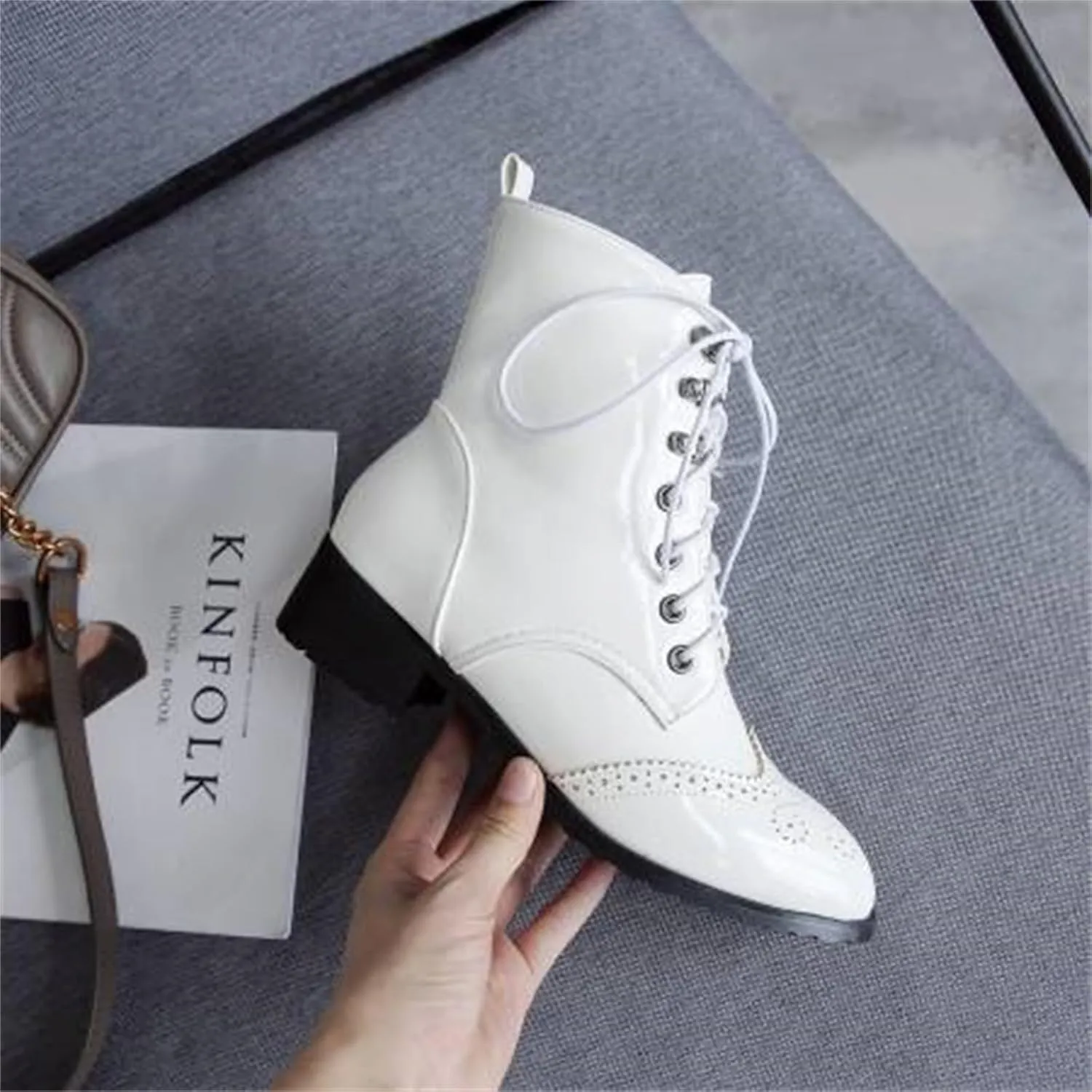 Women's Brogue Combat Ankle High Booties Platform Mid Block Heeled Pointed Toe Formal Lace Up Elegant Business Dress Bridal Church Boots Warm Winter Fall Comfy Shoes