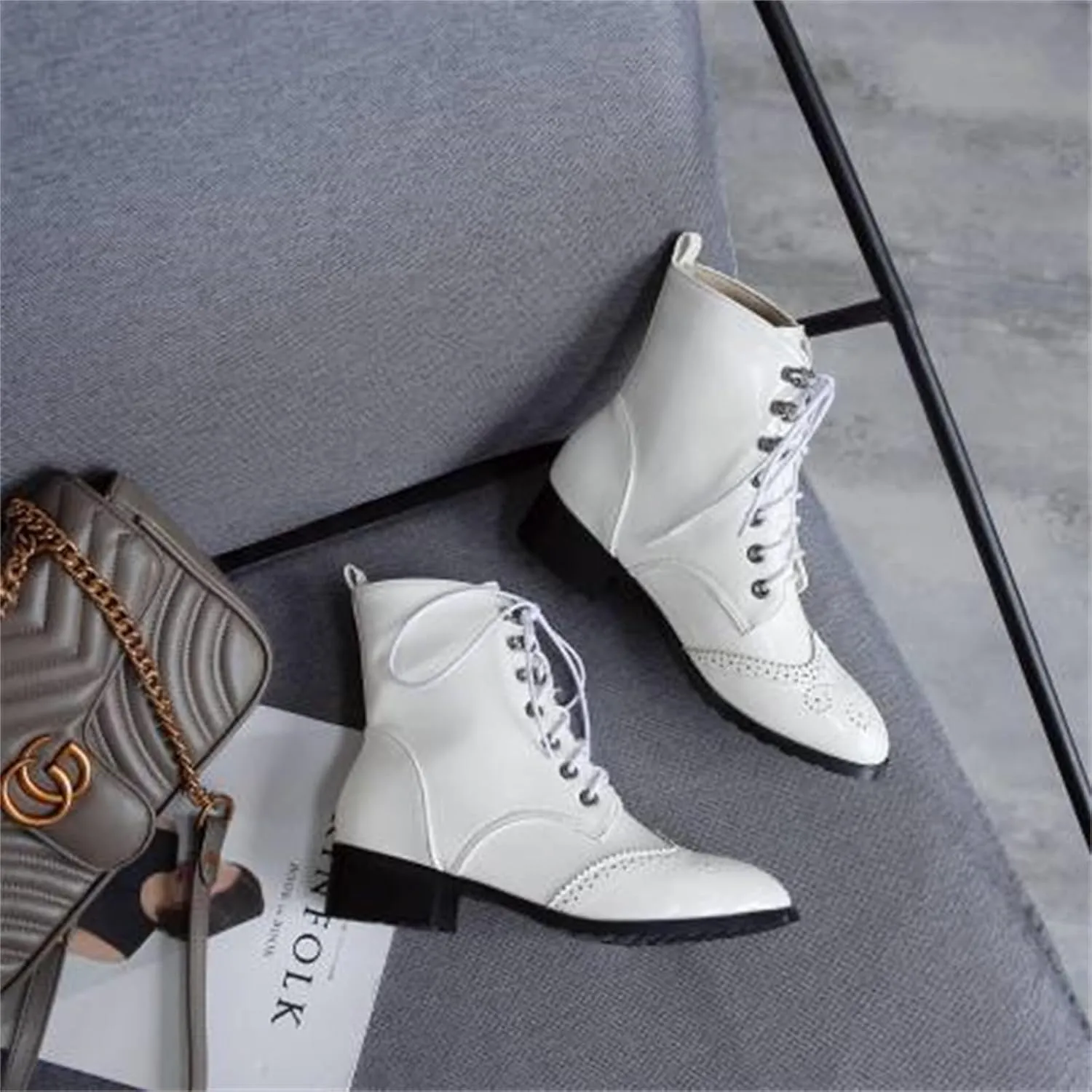 Women's Brogue Combat Ankle High Booties Platform Mid Block Heeled Pointed Toe Formal Lace Up Elegant Business Dress Bridal Church Boots Warm Winter Fall Comfy Shoes